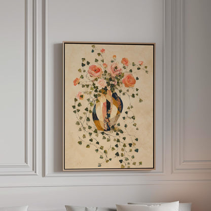 Roses and sprawling ivy around striped amphora, canvas print in a bright room with natural daylight
