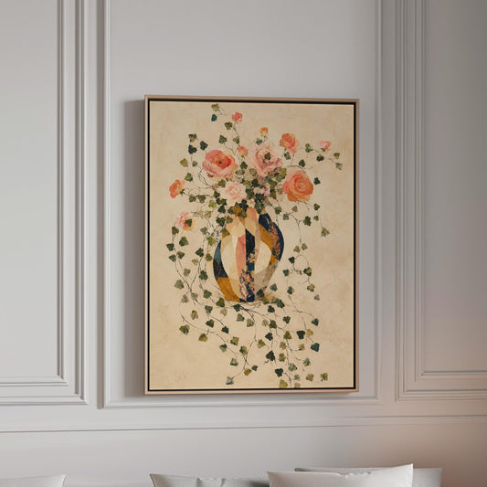 Roses and sprawling ivy around striped amphora, canvas print in a bright room with natural daylight
