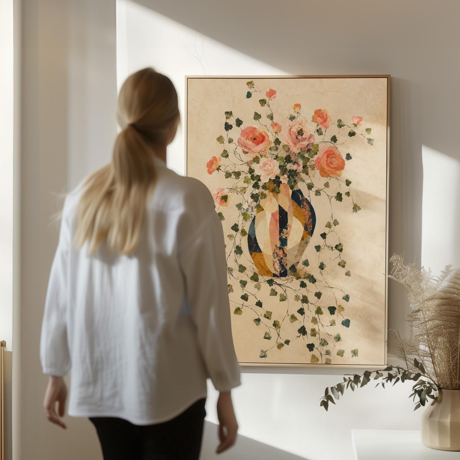 Roses and sprawling ivy around striped amphora, canvas print styled against a soft white wall