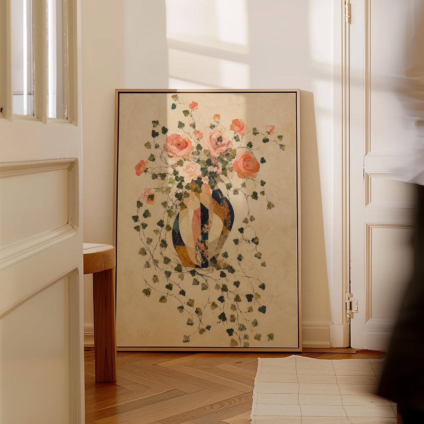 Roses and sprawling ivy around striped amphora, canvas print presented in a light, minimal room