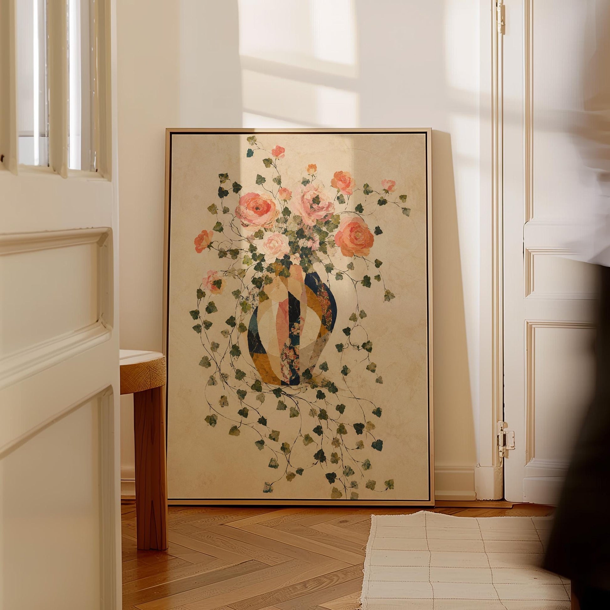 Roses and sprawling ivy around striped amphora, canvas print presented in a light, minimal room