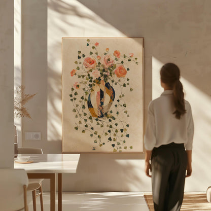Roses and sprawling ivy around striped amphora, canvas print shown to scale in a furnished room