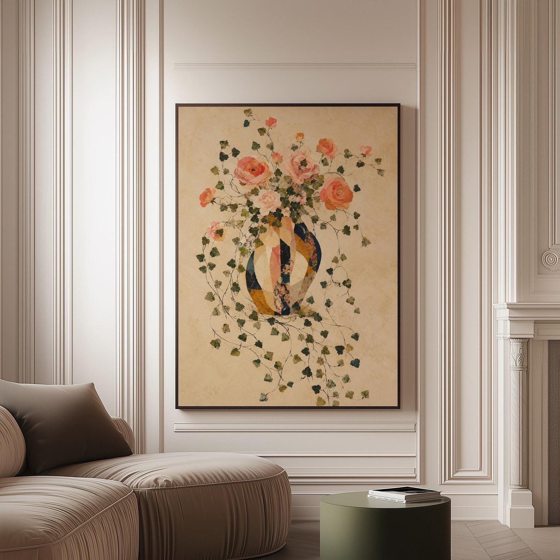 Roses and sprawling ivy around striped amphora, canvas print on a softly lit wall in a calm interior