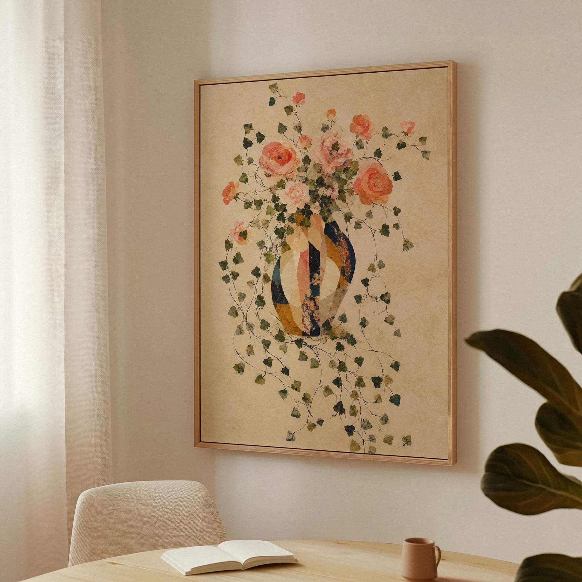 Roses and sprawling ivy around striped amphora, canvas wall art styled against a soft white wall