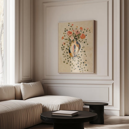 Roses and sprawling ivy around striped amphora, canvas wall art seen in a warm interior with natural light