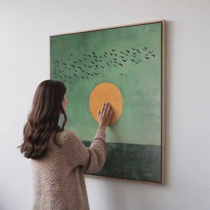 Sunset Wall Art – Minimalist Canvas Art With Green Gold Painting | Square Modern Sun Decor