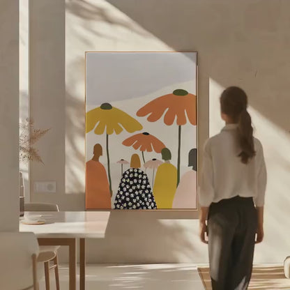 Figurative Flower Canvas – Orange Yellow Canvas With Group Figures Art | Gallery Style Frame